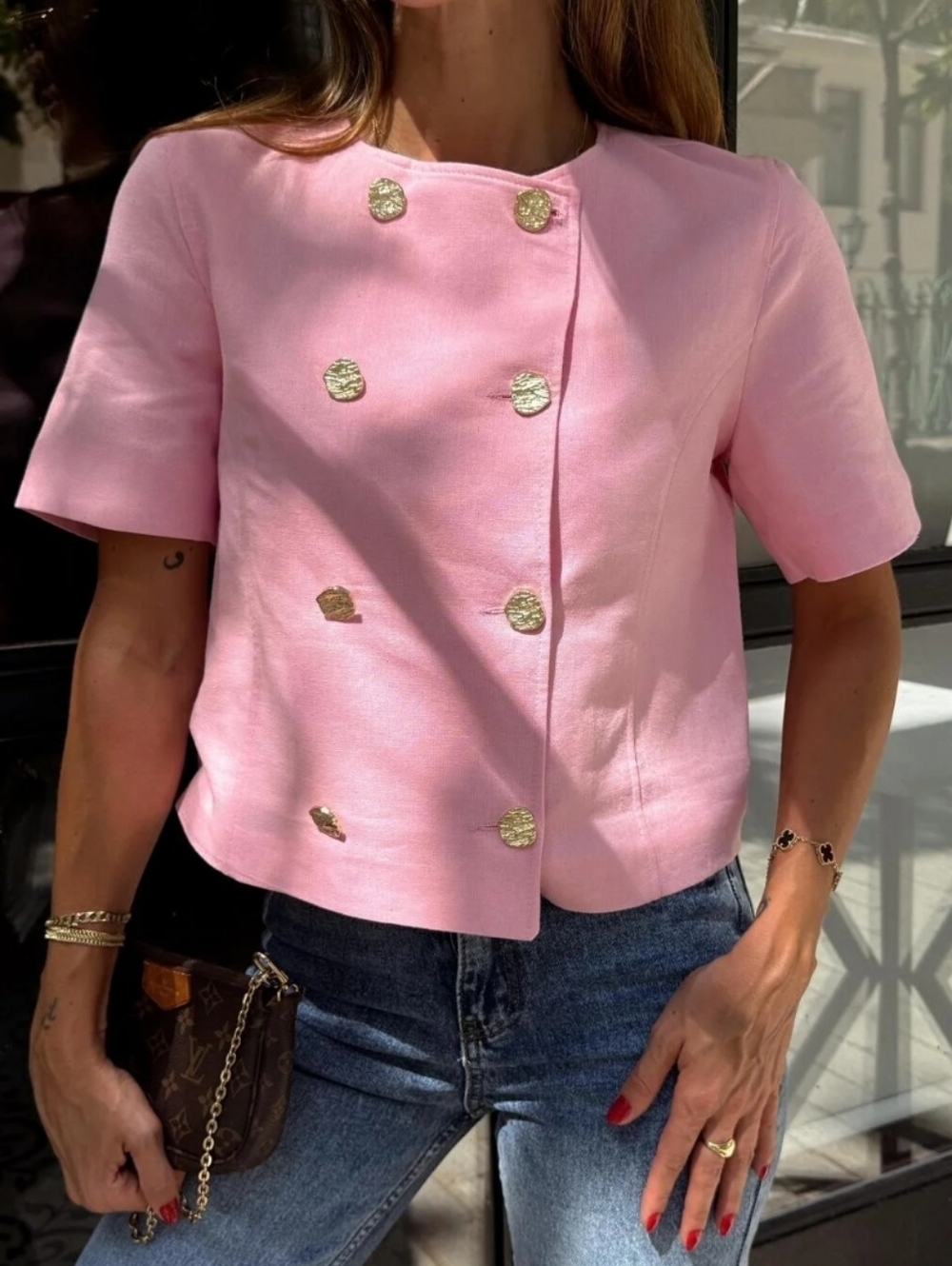 Zara Linen Blend Short Sleeve Blazer Pink Size L